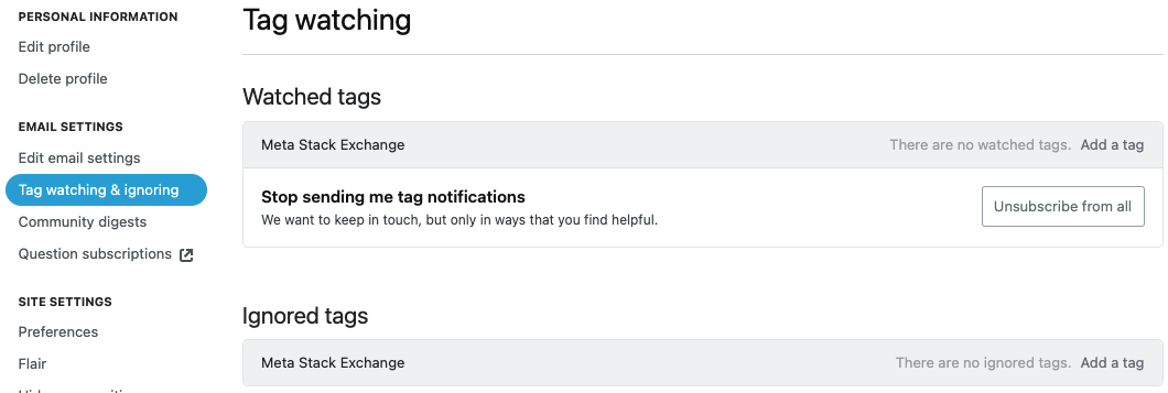 Screenshot of the "Tag watching and ignoring" page, without any watched or ignored tags.